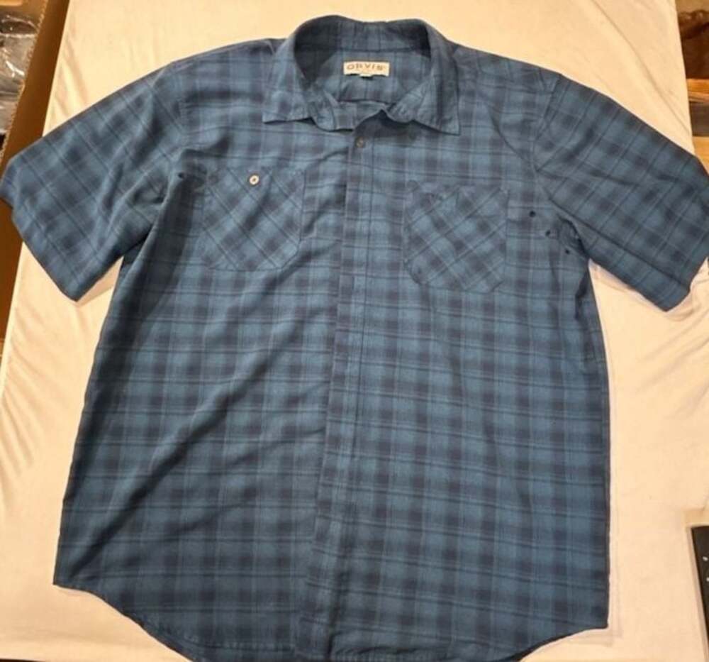 N449 Orvis Classic Collection Blue Plaid Short Sleeve Shirt Size Large